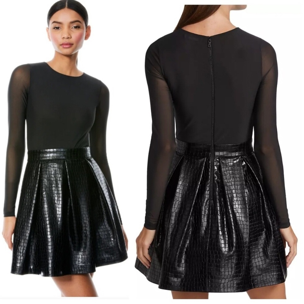 Alice + Olivia Black Long-Sleeve Faux Leather Skater Dress